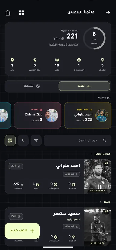 ELHARIFA squad list with per-player HarifX, goals and assists